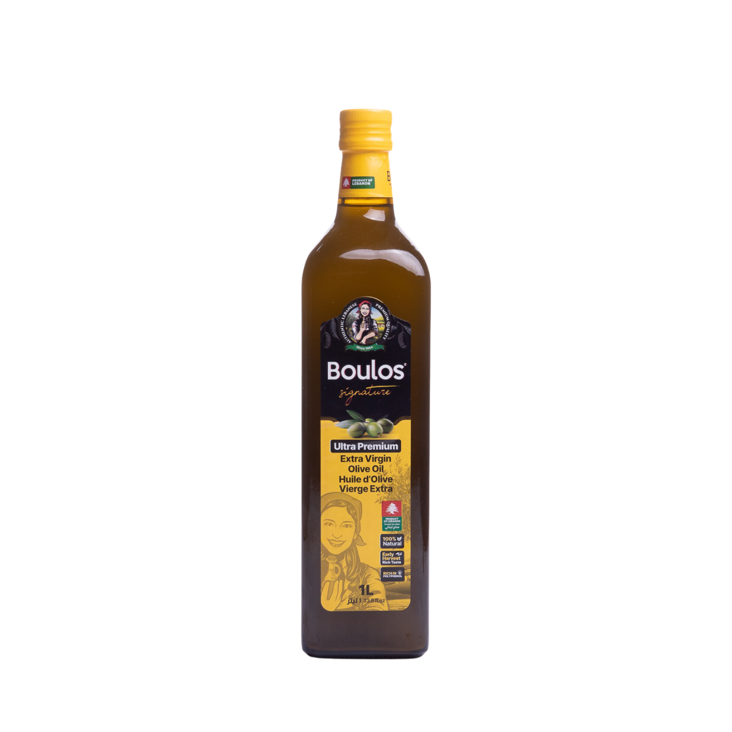 BOULOS Extra Virgin Olive Oil Ultra Premium “Signature” 1L "Marasca" Square Green Glass Bottle