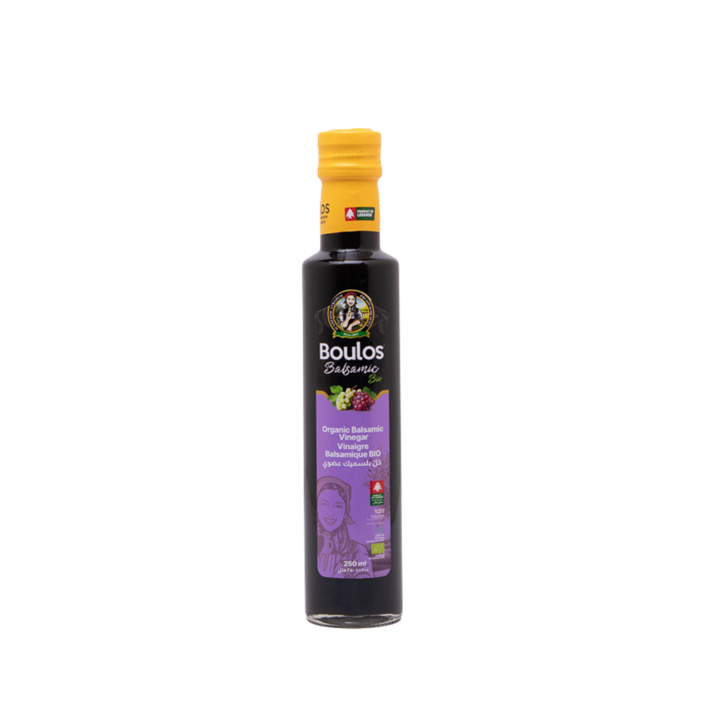 Boulos Bio Certified Organic Premium Balsamic Vinegar (Di Modena) 250ML "Dorica" Round Clear Glass Bottle