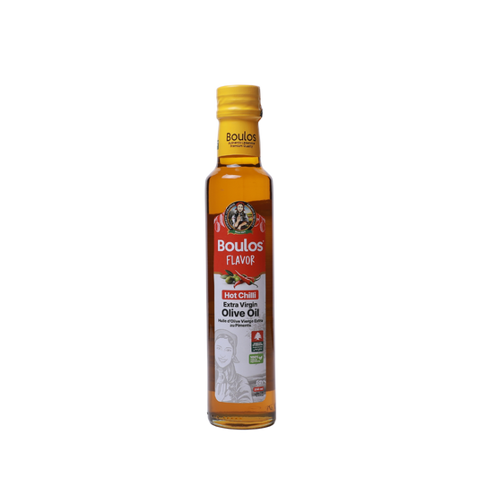 Boulos Flavored Extra Virgin Olive Oil Hot Pepper Flavor 250ML "Dorica" Clear Glass Bottle