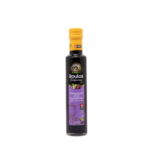 Boulos Bio Certified Organic Premium Balsamic Vinegar (Di Modena) 250ML "Dorica" Round Clear Glass Bottle