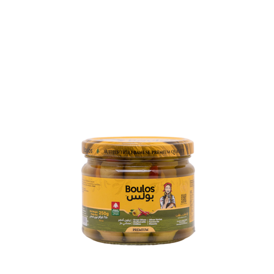 Boulos Green Olives Stuffed With Hot Pepper “Arizona” Glass Jar 300G Net Weight