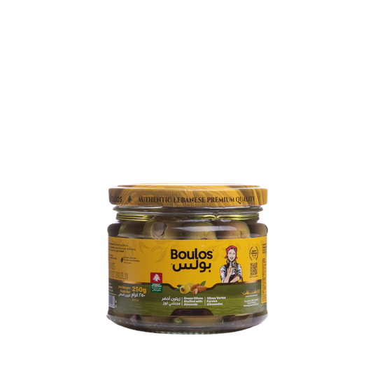 Boulos Green Olives Stuffed With Almonds Glass Jar 300G Net Weight