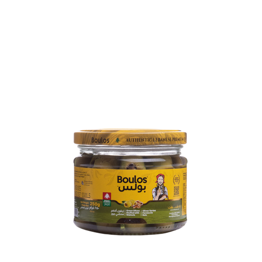 Boulos Green Olives Stuffed With Wallnuts Glass Jar 300G Net Weight