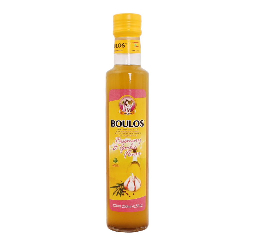 Boulos Flavored Extra Virgin Olive Oil Rosemary & Garlic Flavor 250ML Dorica Glass Bottle